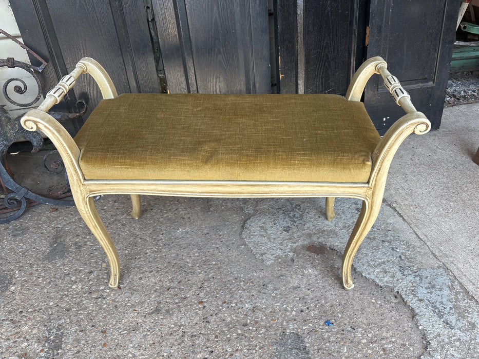 LOUIS XV SMALL GREEN UPHOLSTERED PAINTED BENCH