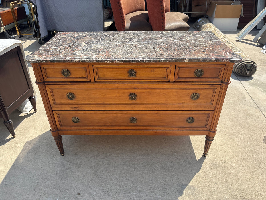 LOUIS XVI CHERRY DOVETAILED 5 DRAWER BRECHE MARBLE TOP CHEST