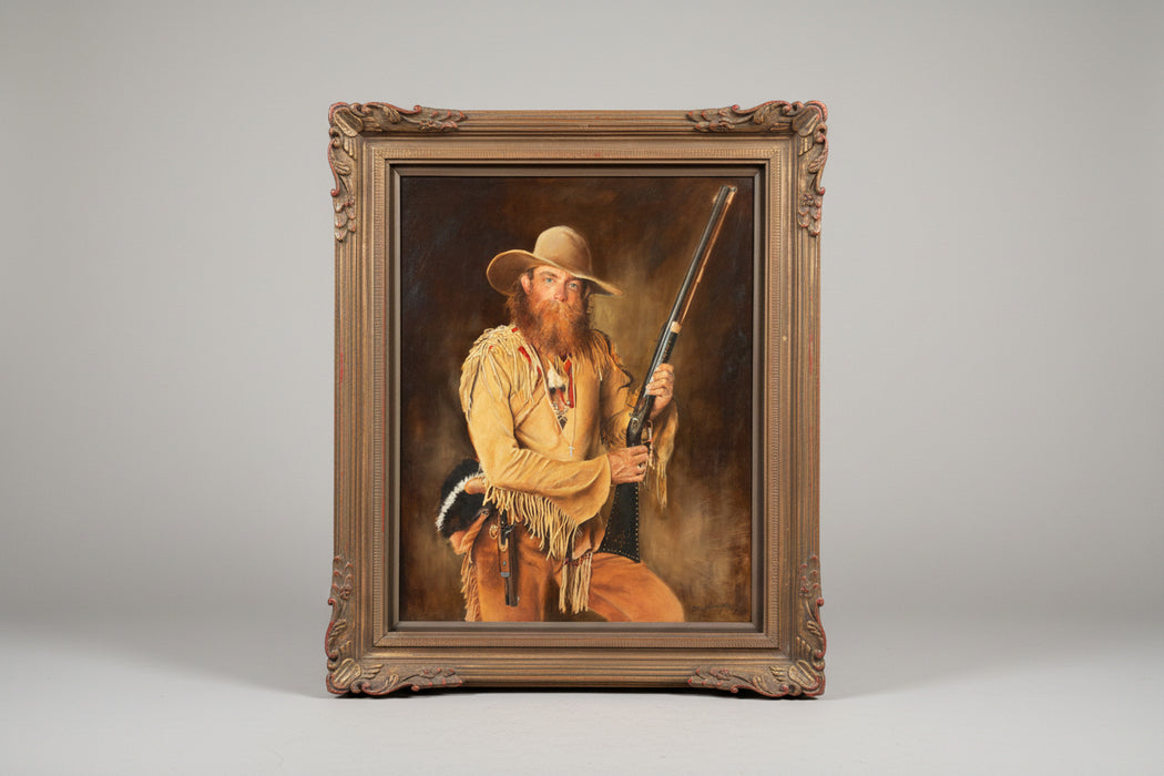 FRAMED OIL PAINTING OF A FRONTIERS MAN WITH RIFLE AN ACCESSORIES SIGNED SHERY HERRINGTON CIRCA 1996
