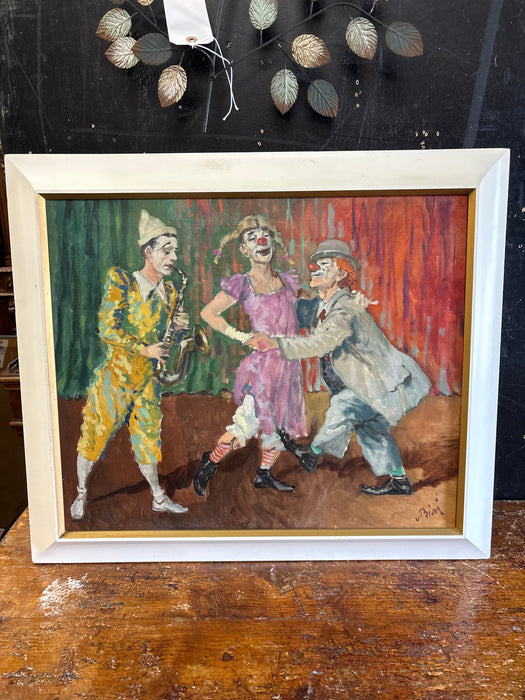 FRAMED MID CENTURY PAINTING OF CLOWNS SIGNED