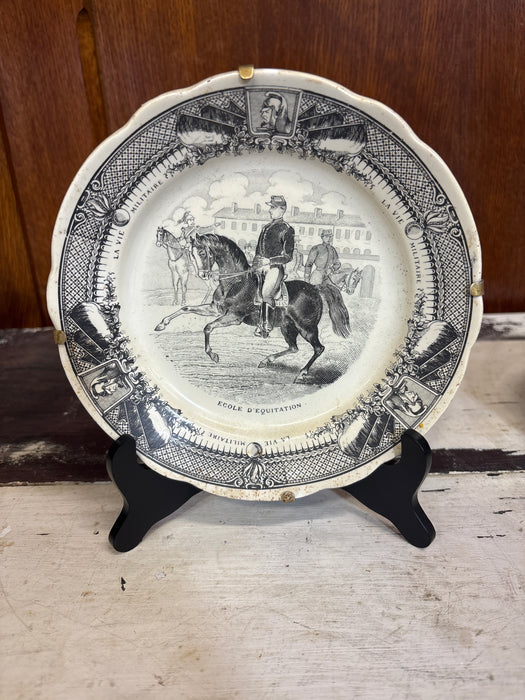 SMALL FRENCH SARREGUEMINES TRANSFERWARE MILITARY PLATE OF MEN RIDING HORSES “ECOLE D’ EQUITATION”