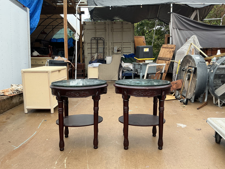 PAIR OF LOUIS XVI STYLE GREEN MARBLE TOP OVAL STANDS