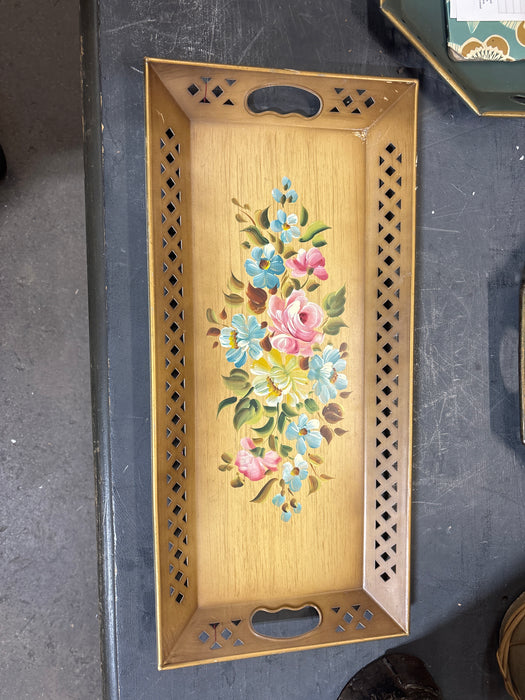 LONG GOLD FLORAL TOLE PAINTED TRAY