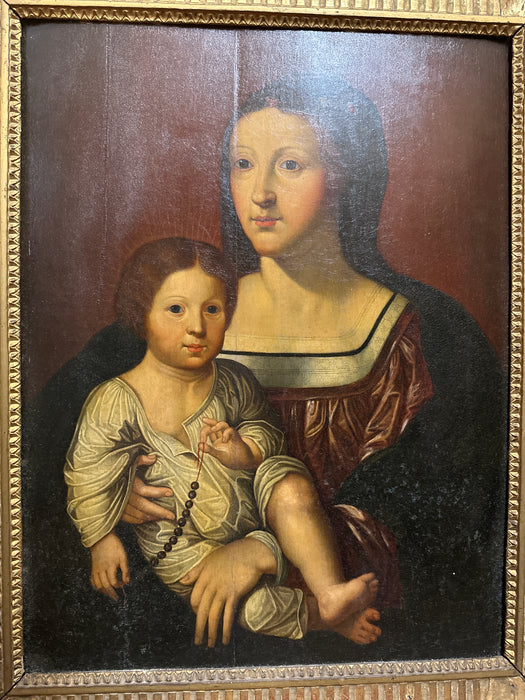 FRAMED 16TH CENTURY FLEMISH SCHOOL OIL PAINTING OF VIRGIN AND CHILD ON PANEL