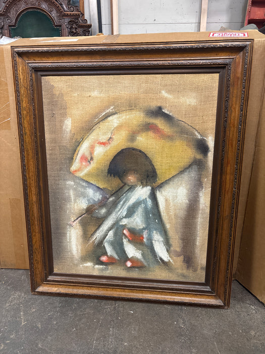 CHILD WITH UMBRELLA PAINTING ON BURLAP