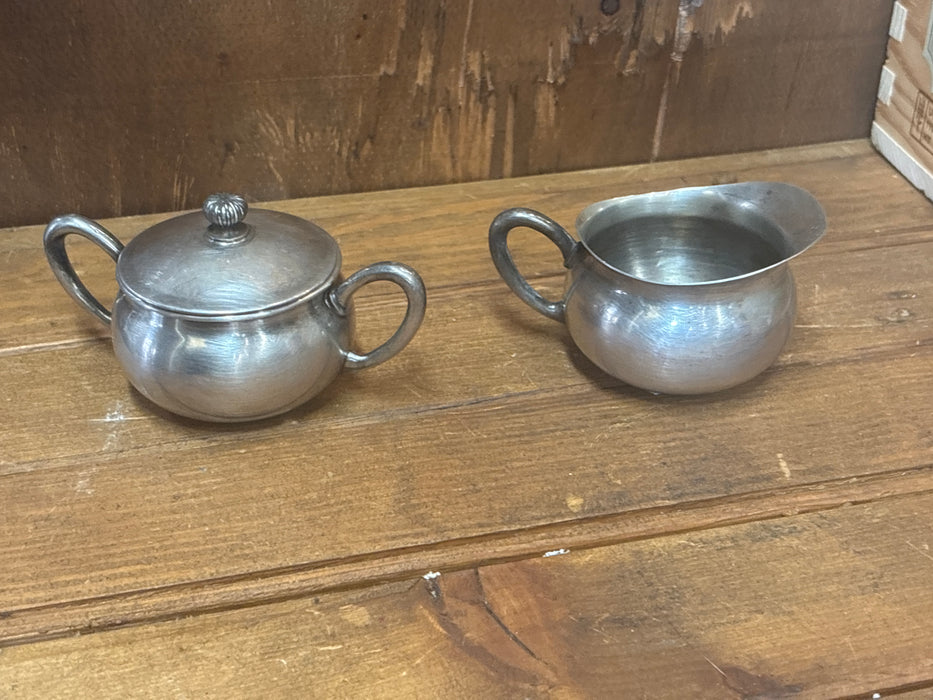 SMALL SILVER PLATE TEA POT SET WITH CREAM AND SUGAR
