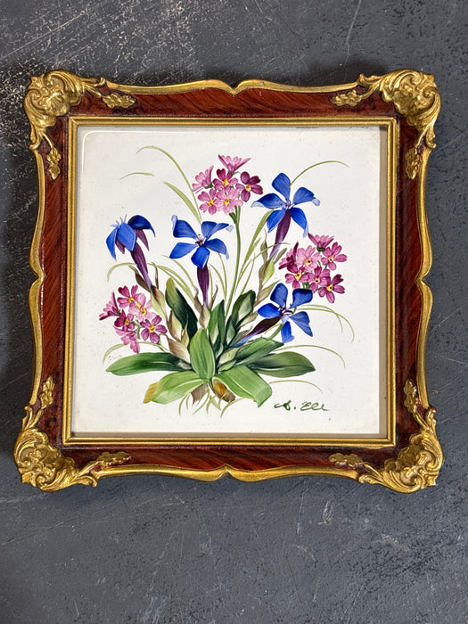 SET OF 4 ORNATE GILT FRAMED FLORAL PAINTED WALL HANGING TILES - SIGNED