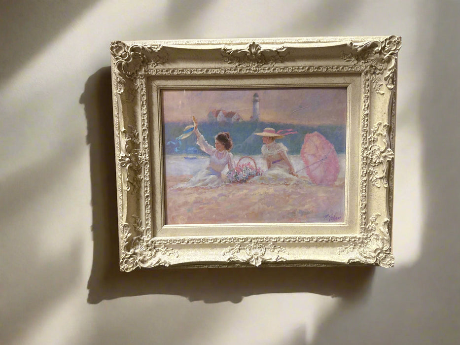 WHITE FRAMED SMALL PASTEL BEACH PAINTING