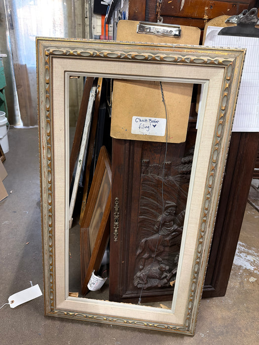 SMALL GOLD WASHED CARVED WOOD FRAME WITH LINEN FILET