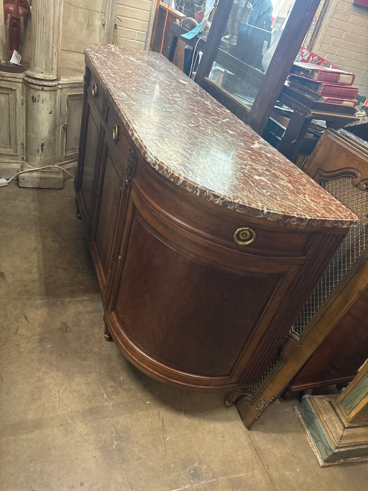LOUIS XVI 4 DRAWER 4 DOOR REDISH BROWN MARBLE TOP SIDEBOARD WITH LAUREL LEAF RING PULLS