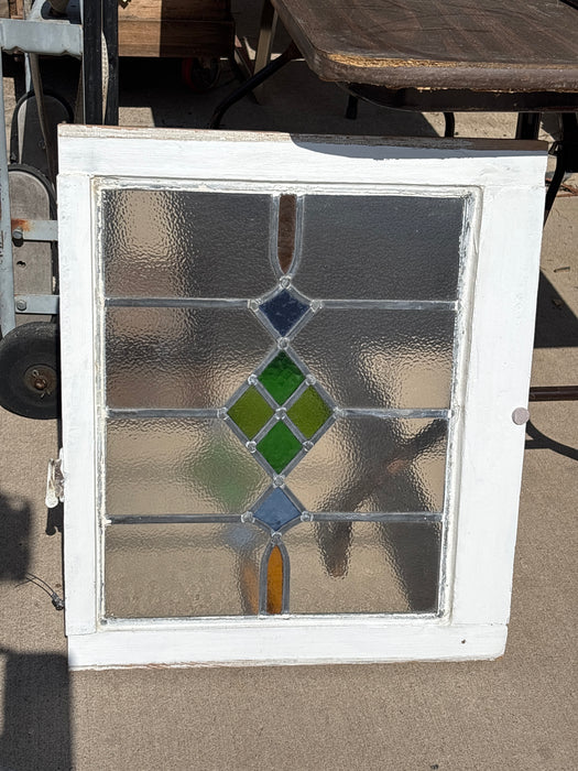 WHITE FRAMED MEDIUM GEOMETRIC ENGLISH STAINED GLASS WINDOW