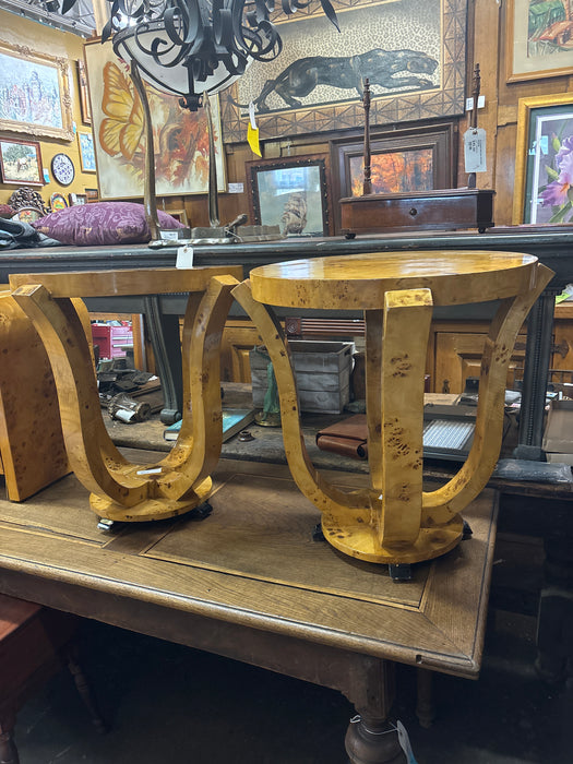 PAIR OF ROUND ART DECO BURL WOOD SIDE TABLES