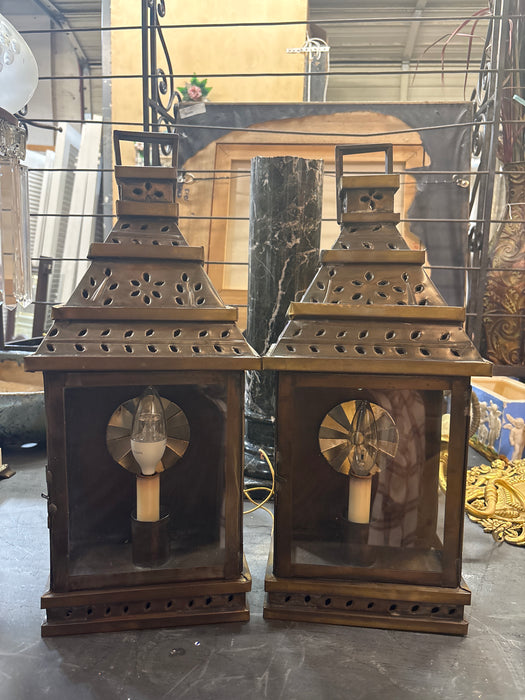 PAIR OF PIERCED TIN LANTERNS