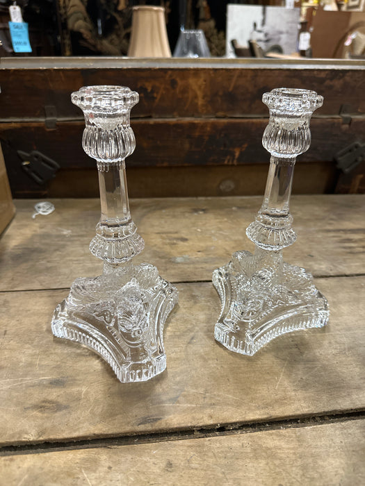 PAIR OF TIFFANY GLASS CANDLE STICKS WITH DOLPHIN FISH BASES