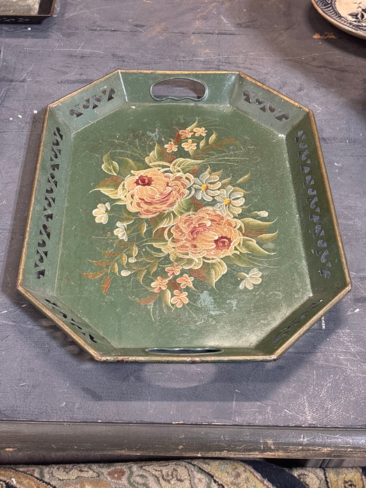 LARGE GREEN AND GOLD OCTAGON SHAPED FLORAL TOLE PAINTED TRAY