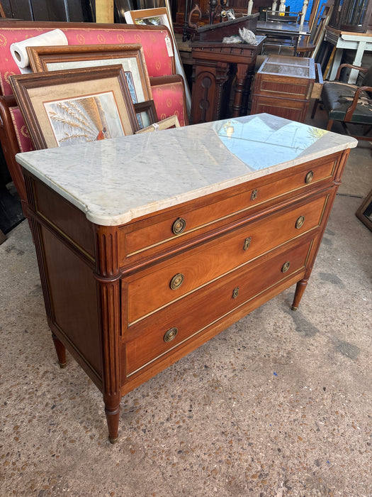 LOUIS XVI 3 DRAWER WHITE MARBLE TOP MAHOGANY CHEST