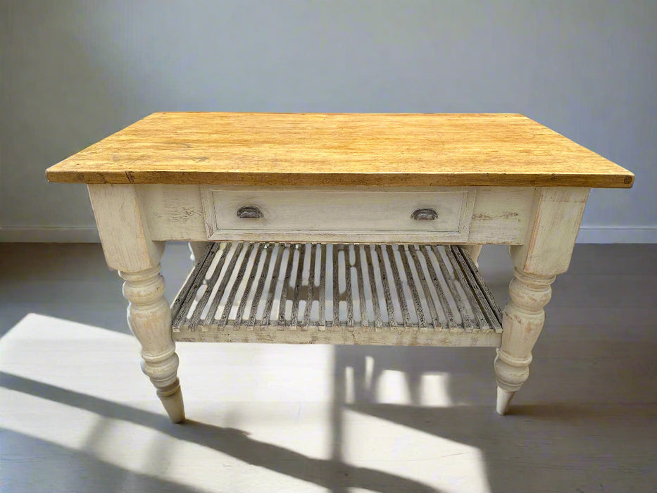 LARGE PINE TABLE ISLAND WITH SHELF STRETCHER