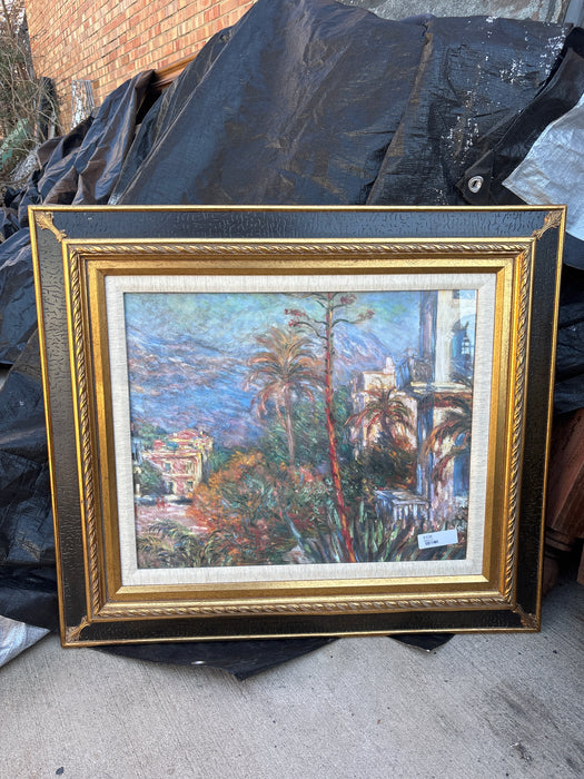 LARGE BLACK AND GOLD WOOD FRAME WITH LINEN FILET AND PRINT
