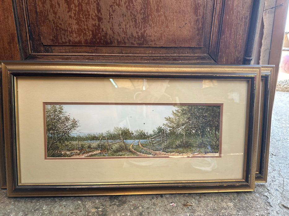 SMALL FRANED HORIZONTAL WATER COLOR OF A ROAD THROUGH  CACTUS AND BRUSH SIGNED DANIEL MALDONAD0