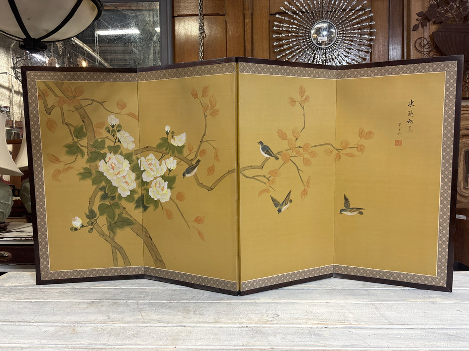 SMALL YELLOW FLORAL ASIAN PANELED SCREEN WITH BIRDS
