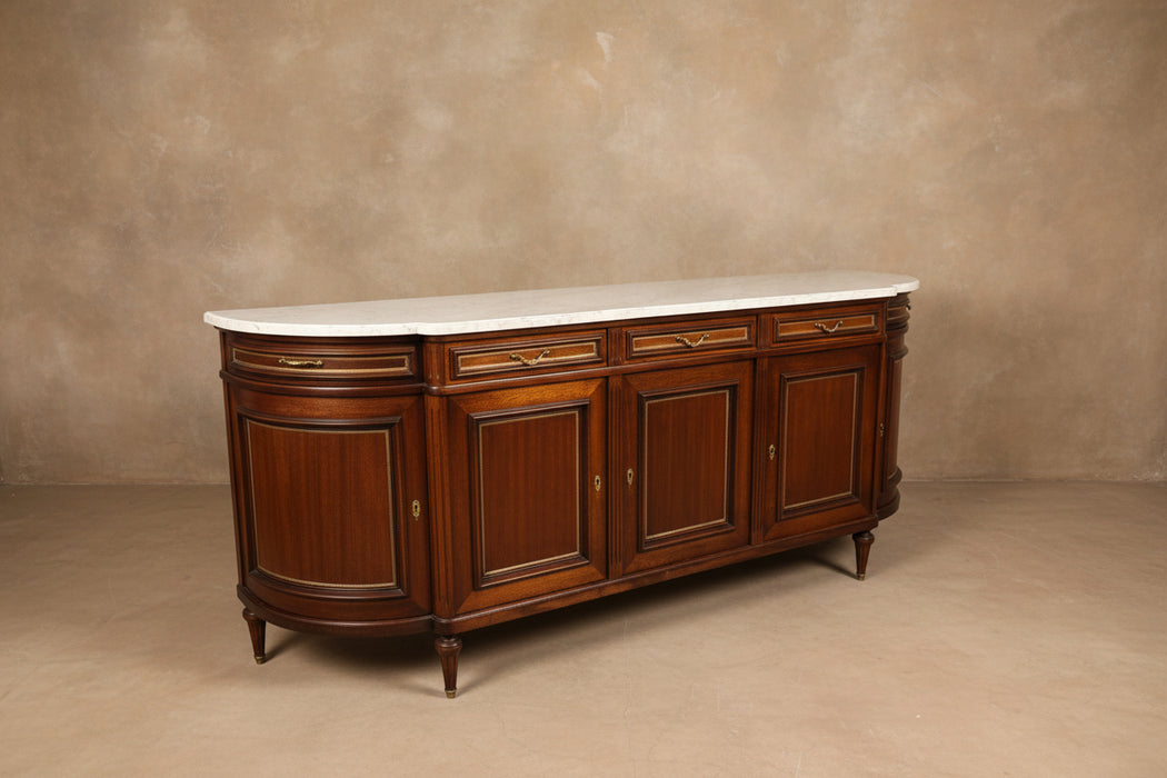LOUIS XVI MAHOGANY 4 DRAWER WHITE MARBLE TOP CURVED END SIDEBOARD