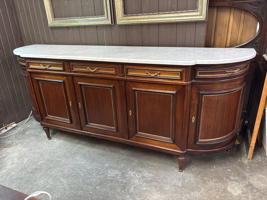 LOUIS XVI MAHOGANY 4 DRAWER WHITE MARBLE TOP CURVED END SIDEBOARD