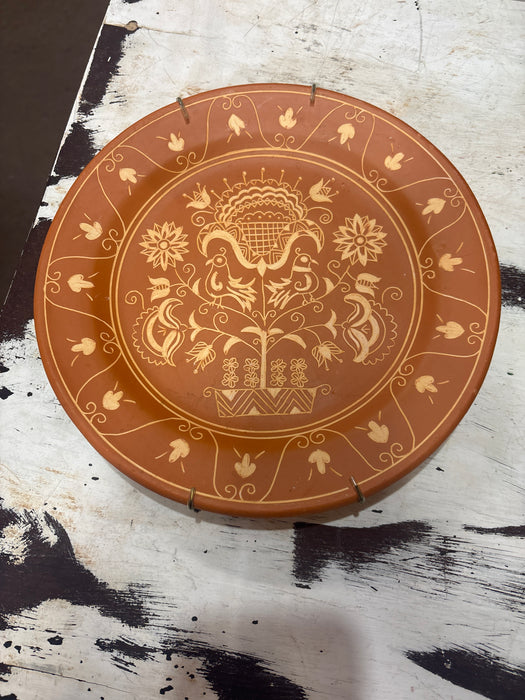 ORANGE FLORAL MEXICAN POTTERY WALL PLATE WITH BIRDS