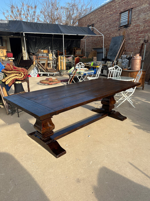 LARGE RUSTIC PINE TRESTLE TABLE WITH AUXILLARY LEAVES