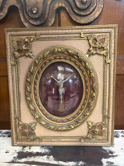 SOLD - ORNATE GESSO CONVEX GLASS CRUCIFIX - AS FOUND