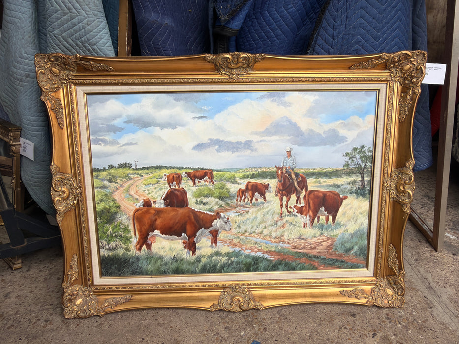 COWBOY AND HERD ON DIRT ROAD OIL PAINTING BY BETTY ROSE