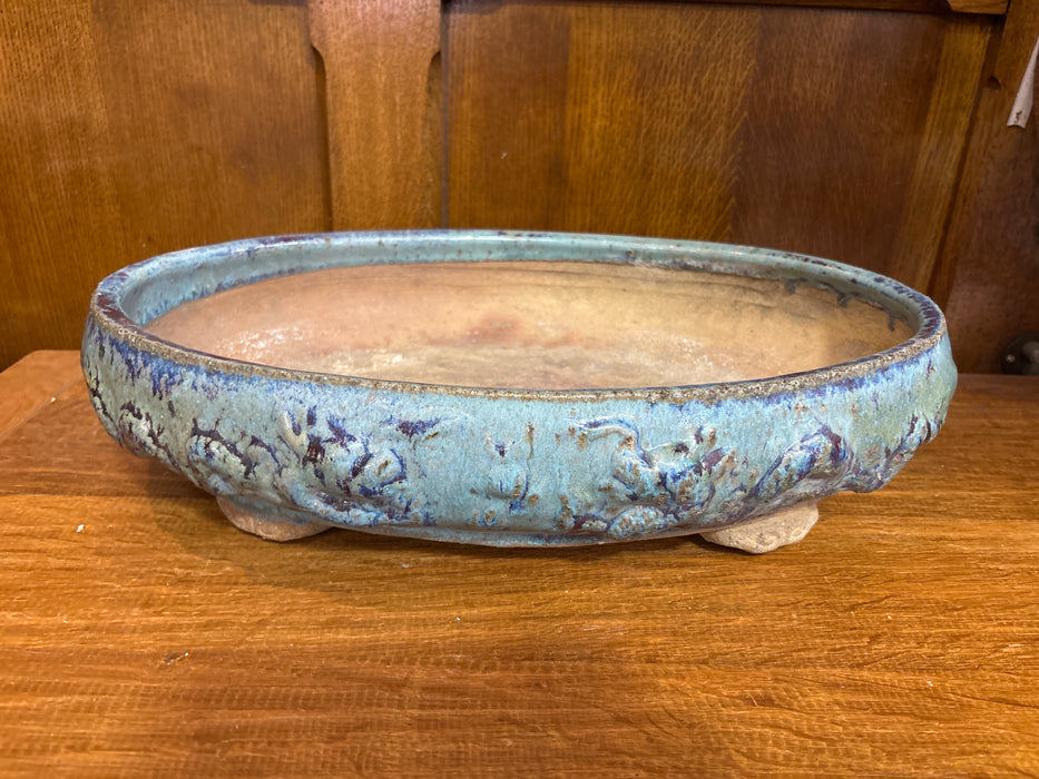LOW OVAL BLUE GLAZED TERRACOTTA PLANTER
