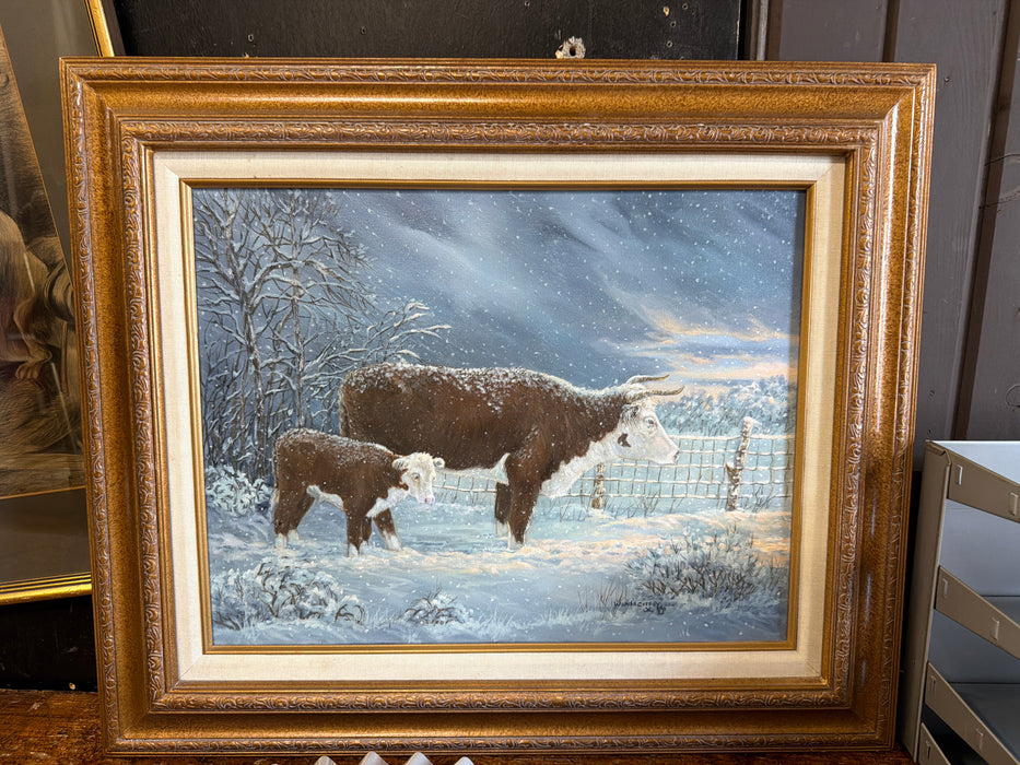 FRAMED OIL PAINTING OF COWS SIGNED WANDA COFFEY