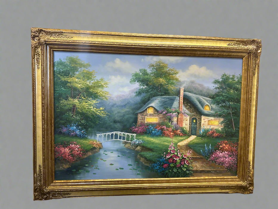 BRIGHT COLORS COTTSWOLD COTTAGE BY STREAM WITH BRIDGE