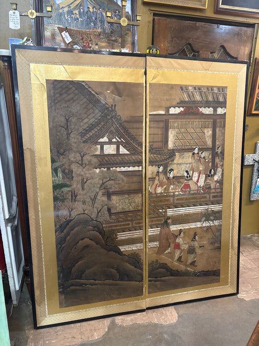 PAIR OF LARGE BLACK FRAMED ASIAN PANELS - AS FOUND
