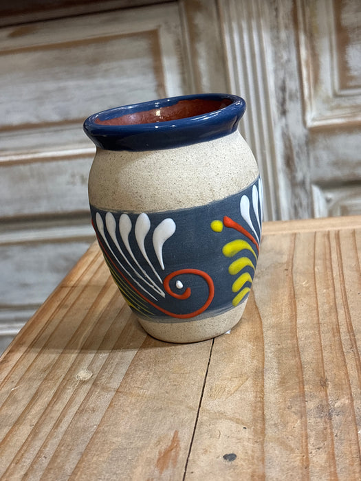 SMALL BLUE AND YELLOW POTTERY VASES 1 EACH OF 2