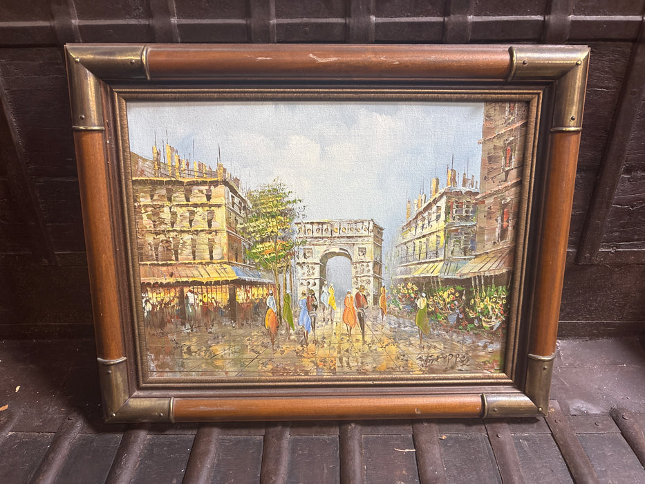 SMALL WOOD AND BRASS FRAMED FRENCH IMKRESSIONIST OIL PAINTING OF THE ARC DE TRIOMPHE - SIGNED K. GROPPER