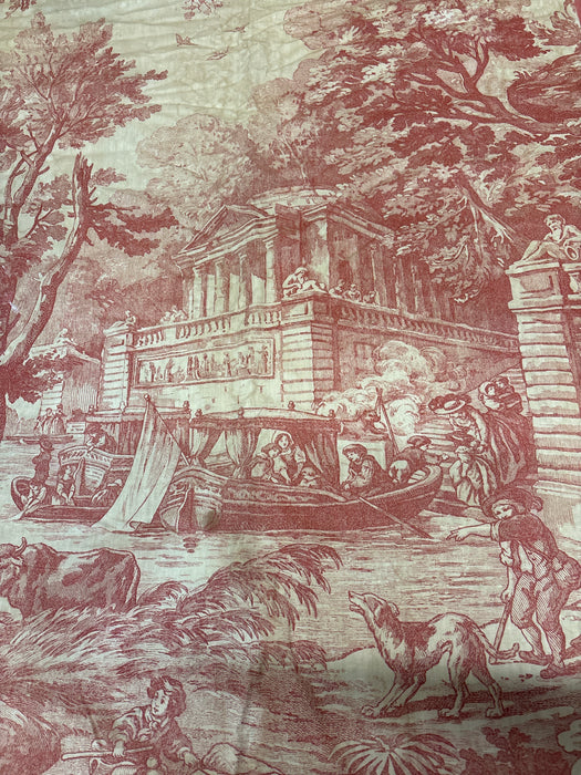 PAIR OF RED PEOPLE ON BOAT NEAR ROMAN RUINS TOILE FABRIC - ONE PANEL STAINED