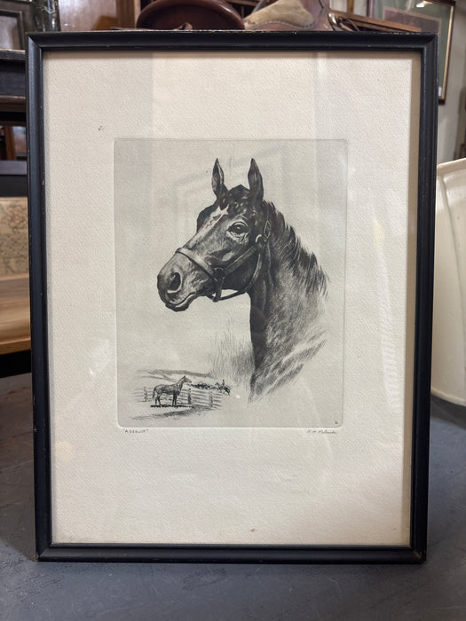 SIMPLE BLACK FRAMED PRINT OF HORSES “ASSAULT” - SIGNED R.H. PALENSKE
