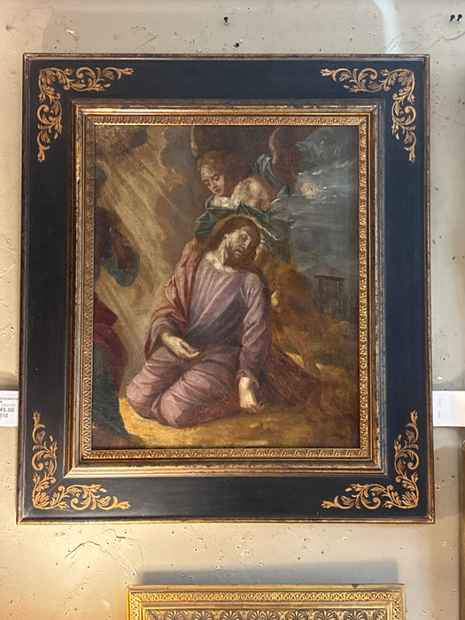 17TH CENTURY SPANISH SCHOOL OIL PAINTING OF THE AGONY OF CHRIST IN THICK BLACK FRAME