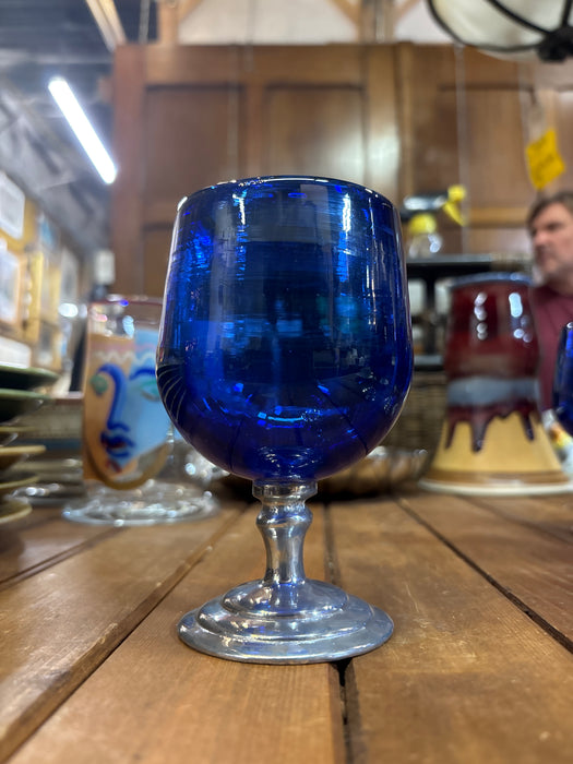 VINTAGE ITALIAN SET OF 4 COBALT BLUE AND PEWTER BRANDY SNIFTER