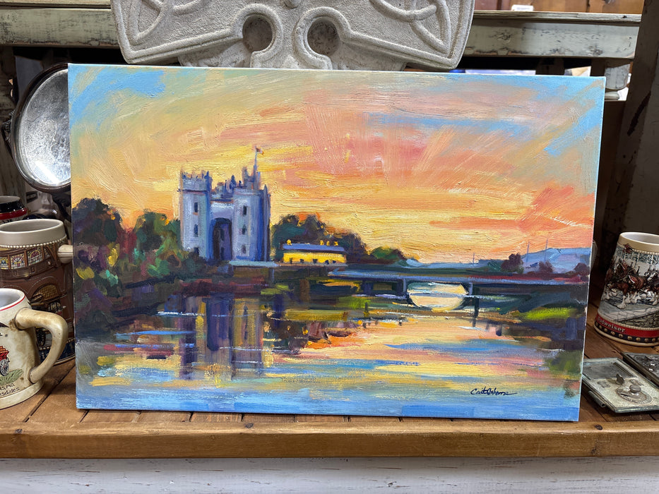 UNFRAMED OIL PAINTING OF CASTLE AT SUNSET - SIGNED CAIT OSBORNE