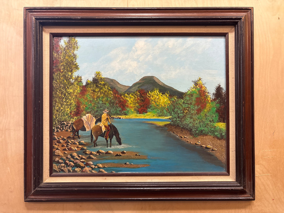 BROWN FRAMED MEDIUM WESTERN ACRYLIC PAINTING OF HORSES DRINKING WATER - SIGNED THEDA SCROGGINS