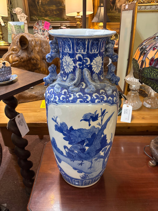 TALL BLUE AND WHITE ASIAN VASE WITH BIRDS AND HANDLES