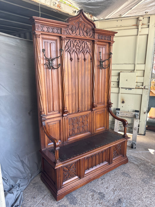 TALL CARVED 19TH CENTURY GOTHIC WALNUT HALL BENCH WITH LIFT SEAT STORAGE