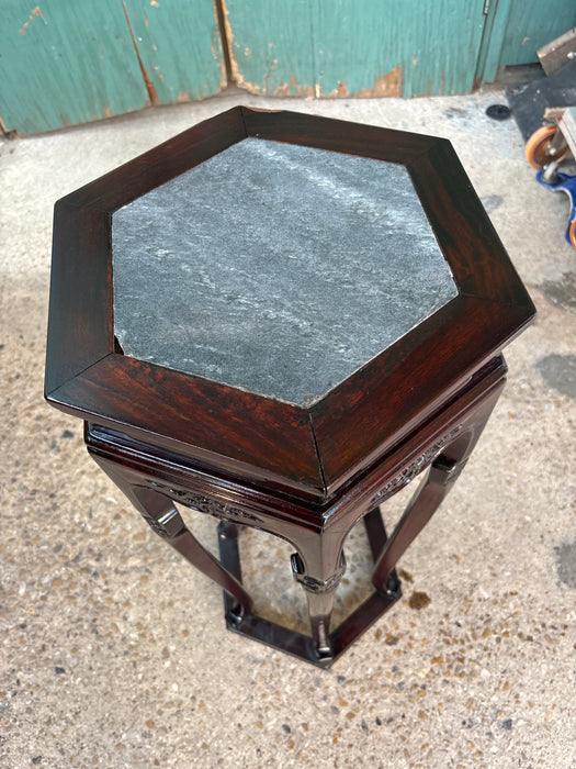 AS FOUND HEXAGON BROWN CHINESE STAND WITH CURVED LEGS