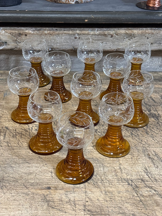 SET OF 11 AMBER STEMMED CRYSTAL GOBLETS