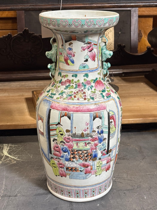 MEDIUM LIGHT PINK AND GREEN ASIAN ROSE FAMILLE VASE WITH HANDLES