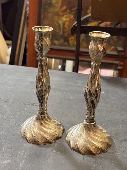PAIR OF SMALL BRASS SILVER PLATE CANDLESTICKS