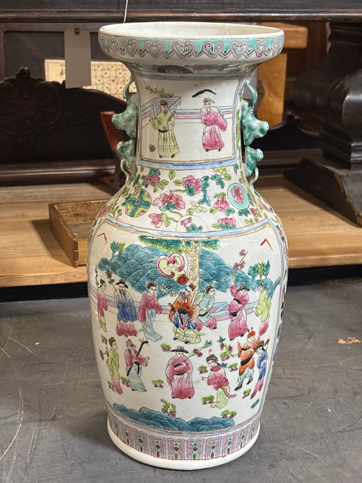 MEDIUM LIGHT PINK AND GREEN ASIAN ROSE FAMILLE VASE WITH HANDLES