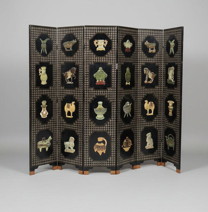 ASIAN SCREEN PANEL WITH HAND CARVED STONE FIGURES